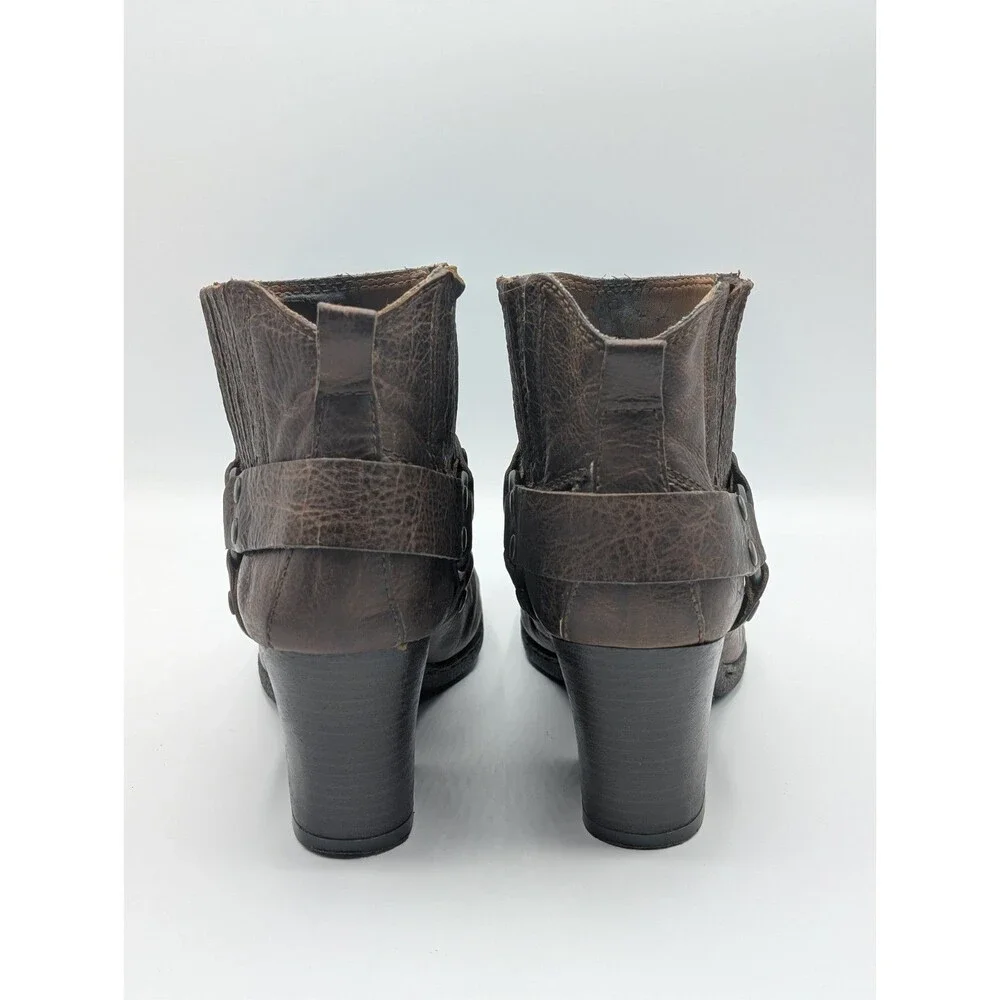 B.O.C Ankle Boots Women 8 Brown Leather Harness Block Heel Ring Buckle Strap
